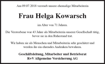 Traueranzeige von Helga Kowarsch von vrm-trauer