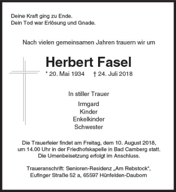 Traueranzeige von Herbert Fasel von  Camberger Anzeiger