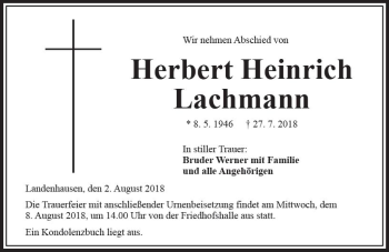 Traueranzeige von Herbert Heinrich Lachmann von VRM Trauer