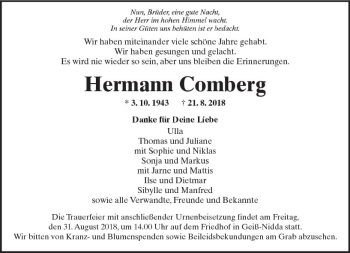 Traueranzeige von Hermann Comberg von  Kreisanzeiger