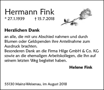 Traueranzeige von Hermann Fink von vrm-trauer