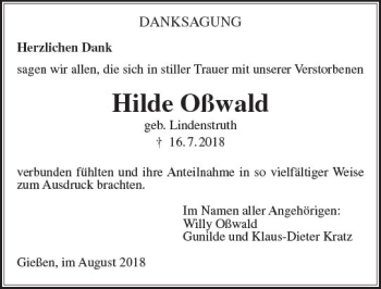 Traueranzeige von Hilde Oßwald von  Gießener Anzeiger