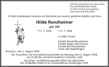 Traueranzeige von Hilde Ronzheimer von  Gießener Anzeiger