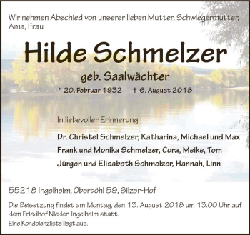 Traueranzeige von Hilde Schmelzer von vrm-trauer