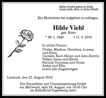 Traueranzeige von Hilde Viehl von  Gießener Anzeiger