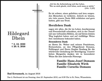 Traueranzeige von Hildegard Dhein von vrm-trauer