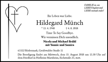 Traueranzeige von Hildegard Münch von vrm-trauer