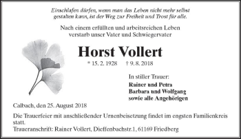 Traueranzeige von Horst Vollert von  Kreisanzeiger