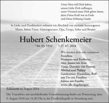 Traueranzeige von Hubert Schenkemeier von vrm-trauer
