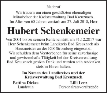 Traueranzeige von Hubert Schenkemeier von vrm-trauer