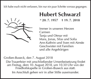 Traueranzeige von Hubert Schwarzl von  Gießener Anzeiger