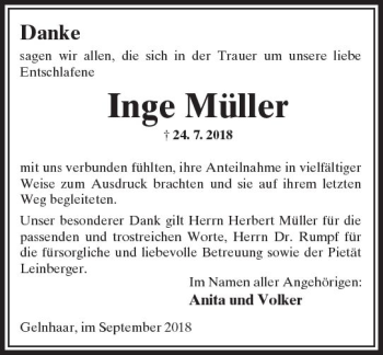 Traueranzeige von Inge Müller von  Kreisanzeiger