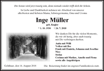 Traueranzeige von Inge Müller von  Kreisanzeiger