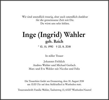 Traueranzeige von Inge Wahler von vrm-trauer