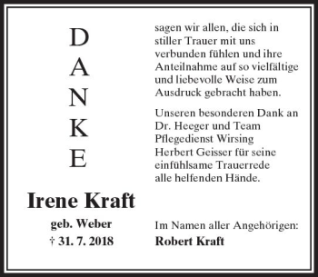 Traueranzeige von Irene Kraft von  Kreisanzeiger