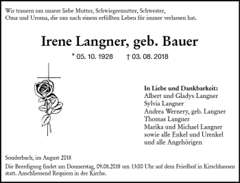 Traueranzeige von Irene Langner von vrm-trauer