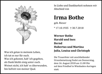 Traueranzeige von Irma Bothe von vrm-trauer
