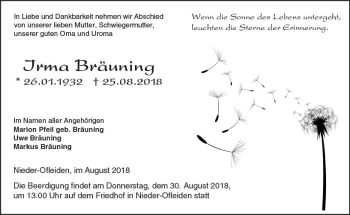 Traueranzeige von Irma Bräuning von VRM Trauer