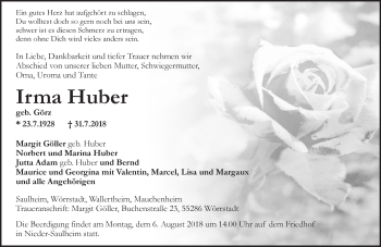 Traueranzeige von Irma Huber von vrm-trauer