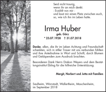 Traueranzeige von Irma Huber von vrm-trauer