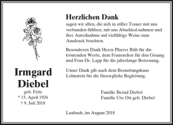 Traueranzeige von Irmgard Diebel von  Usinger Anzeiger
