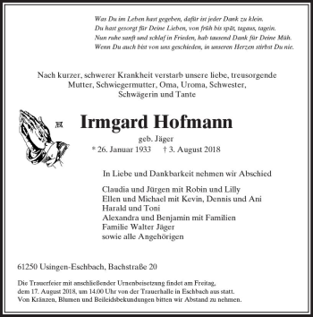 Traueranzeige von Irmgard Hofmann von  Usinger Anzeiger