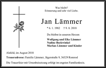 Traueranzeige von Jan Lämmer von VRM Trauer