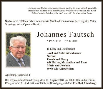 Traueranzeige von Johannes Fautsch von VRM Trauer
