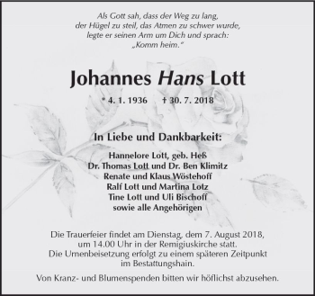 Traueranzeige von Johannes Lott von  Kreisanzeiger