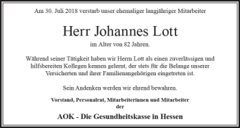Traueranzeige von Johannes Lott von  Kreisanzeiger
