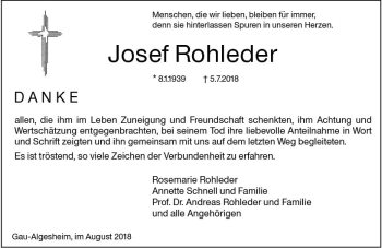 Traueranzeige von Josef Rohleder von vrm-trauer