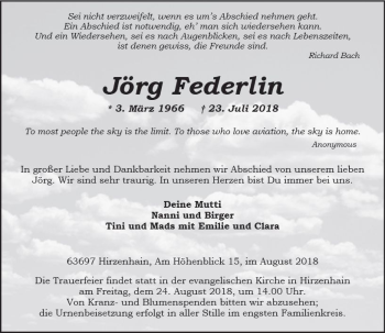Traueranzeige von Jörg Federlin von  Kreisanzeiger