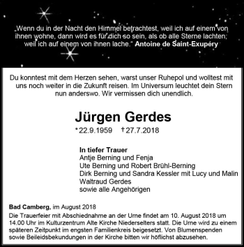 Traueranzeige von Jürgen Gerdes von  Camberger Anzeiger