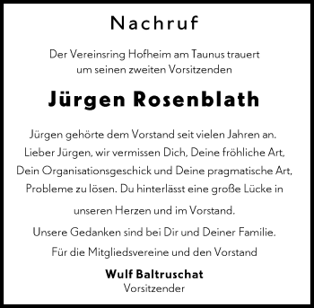 Traueranzeige von Jürgen Rosenblath von vrm-trauer