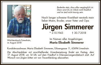 Traueranzeige von Jürgen Simmerer von  Kreisanzeiger