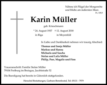 Traueranzeige von Karin Müller von  Kreisanzeiger