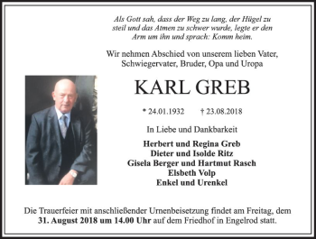 Traueranzeige von Karl Greb von VRM Trauer