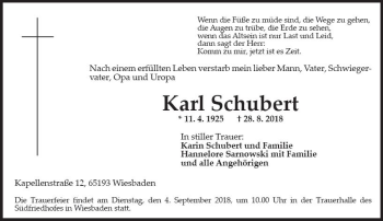 Traueranzeige von Karl Schubert von vrm-trauer
