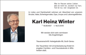 Traueranzeige von Karl Heinz Winter von vrm-trauer