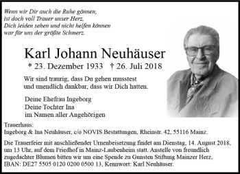 Traueranzeige von Karl Johann Neuhäuser von vrm-trauer
