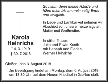 Traueranzeige von Karola Heinrichs von  Gießener Anzeiger