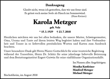 Traueranzeige von Karola Metzger von vrm-trauer