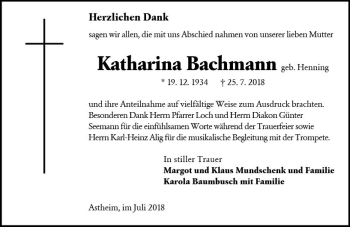 Traueranzeige von Katharina Bachmann von vrm-trauer