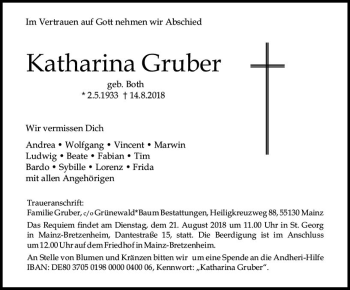 Traueranzeige von Katharina Gruber von vrm-trauer