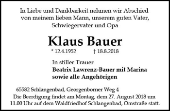 Traueranzeige von Klaus Bauer von vrm-trauer