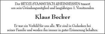 Traueranzeige von Klaus Becker von vrm-trauer