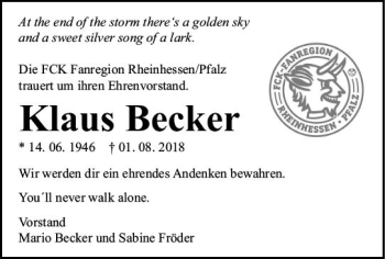 Traueranzeige von Klaus Becker von vrm-trauer