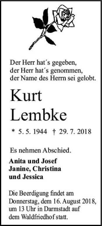 Traueranzeige von Kurt Lembke von vrm-trauer