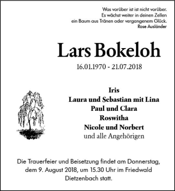 Traueranzeige von Lars Bokeloh von vrm-trauer