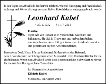 Traueranzeige von Leonhard Kabel von vrm-trauer